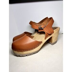 MIA ABBA Clogs Luggage Brown Leather Wooden Platform Heel US 7.5-8 EU 38 Boho